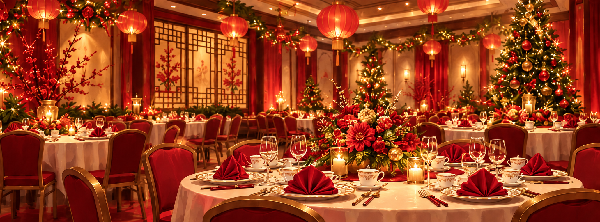 Festive banquet illustration with red lanterns, Christmas trees and elegantly set tables.